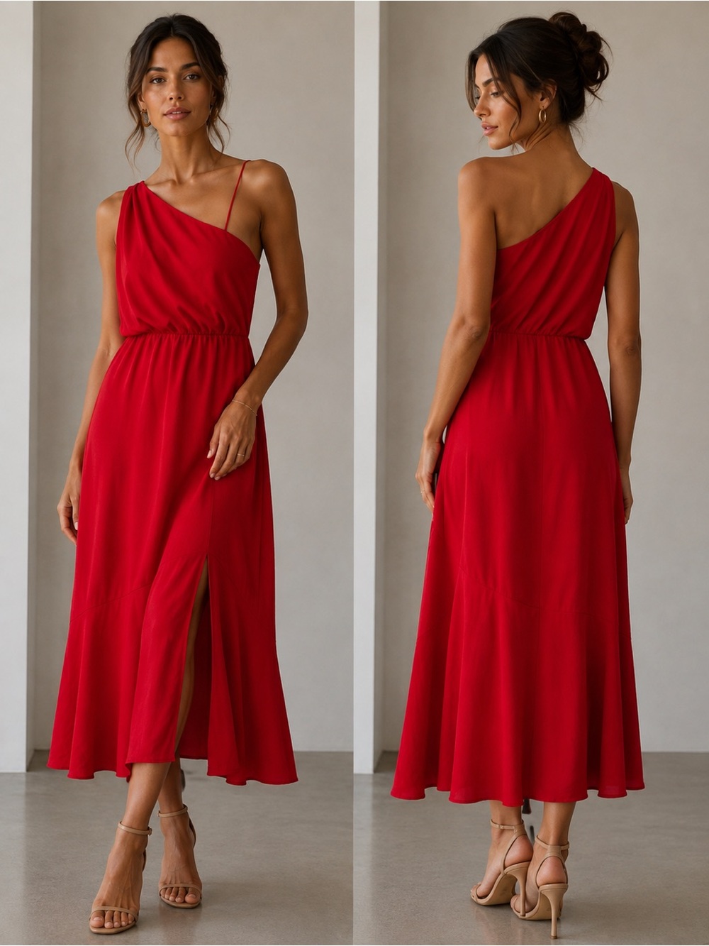 Sam Edelman Red One-Shoulder Midi Dress with Side Slit